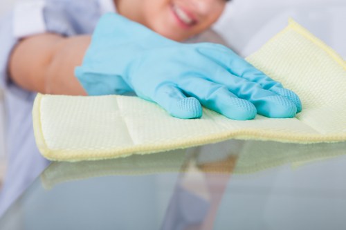 Cleaner acknowledging a service complaint in a professional setting